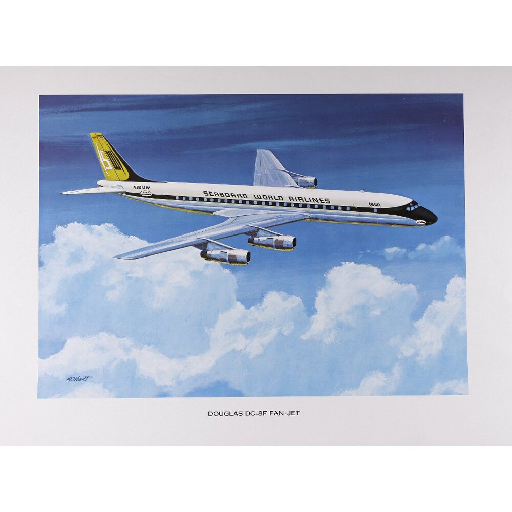 1960s Seaboard world Airlines Douglas DC-8F Fan Jet travel poster 16x20" by G.S.